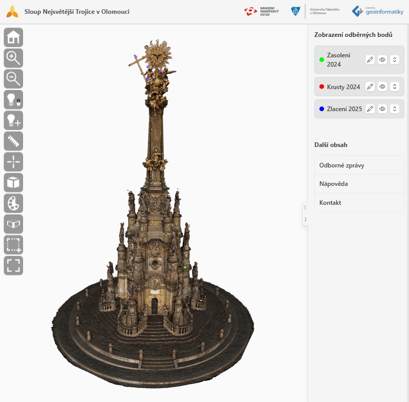 3D model of the Holy Trinity Column in Olomouc with coloured sampling points and a panel of point groups